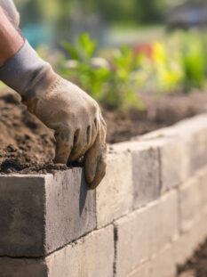 Hispanic mason building a retaining wall in a garden. Featuring
