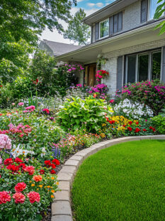 Beautiful flower bed with green grass in the garden and colorful