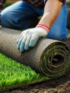 man installing artificial grass at garden. landscaping service