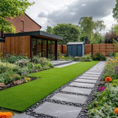 Beautiful garden with stone tiled path leading to garden room office